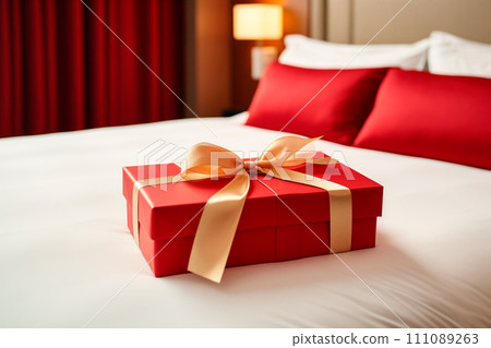 Red gift box with gold ribbon on bed decoration in hotel bedroom interior Red gift box with gold ribbon on bed decoration in hotel bedroom interior 111089263