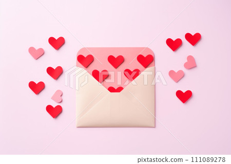 Envelope with red hearts on a solid pink background. 3d render. Envelope with red hearts on a solid pink background. 3d render. 111089278