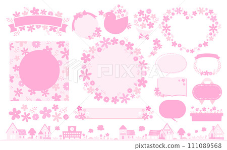 Fashionable hand-drawn pink spring frame and illustration of cute flowers, easy to use as a bouquet image or floral background. 111089568