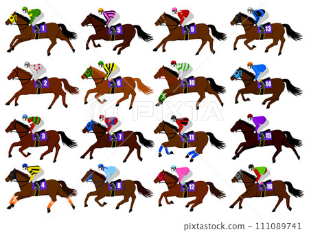 16 racehorses and 16 jockeys participating in a horse race 111089741