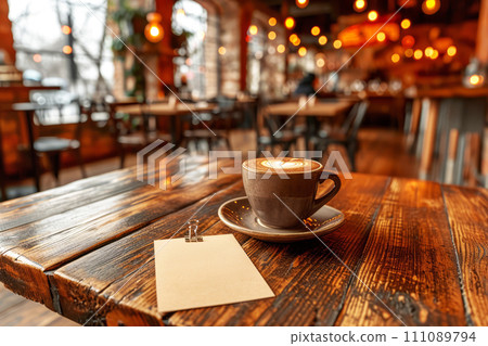 Cup of Latte with Art and Blank Note in Cafe. Cup of Latte with Art and Blank Note in Cafe. 111089794