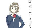 A girl in a uniform sweating with her hand on her chin 111089897