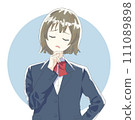A girl in a uniform worries with her hand on her chin 111089898