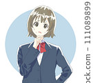 A girl in a uniform worries with her hand on her chin 111089899
