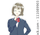 A girl in a uniform worries with her hand on her chin 111089903
