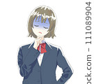 A girl in a uniform worries with her hand on her chin 111089904