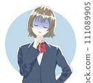 A girl in a uniform worries with her hand on her chin 111089905