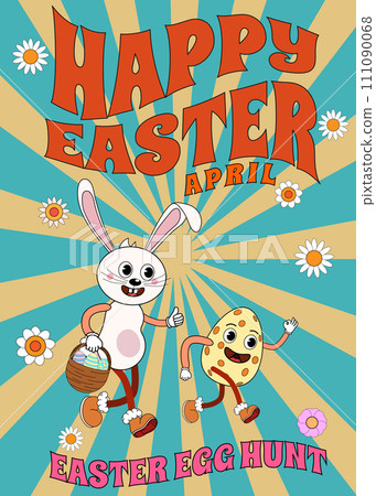 Groovy Happy Easter Poster Vintage. Funny bunny with egg, Easter egg hunt 111090068