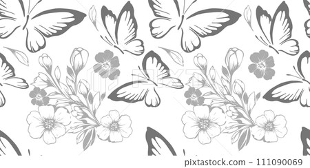 A seamless background with grey butterflies and flowers. hand drawing. Not AI, Vintage background. Vector illustration 111090069