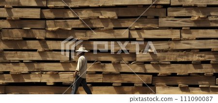 Large Pile of Wood With White Hat on Top 111090087