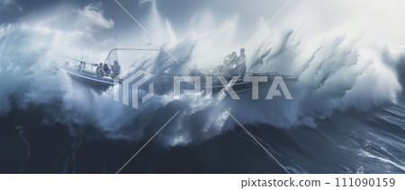 Painting of a Boat Confronting a Massive Wave 111090159