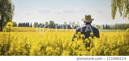 Man Standing in Field of Yellow Flowers Man Standing in Field of Yellow Flowers 111090214