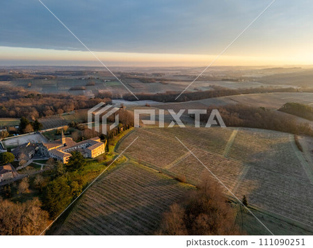 Aerial view of Bordeaux vineyard in winter at sunrise, Rions, Gironde, France 111090251