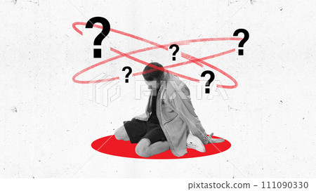Modern aesthetic artwork. upset and exhausted man sits on red dot with confused thoughts with question marks. Quick response. 111090330