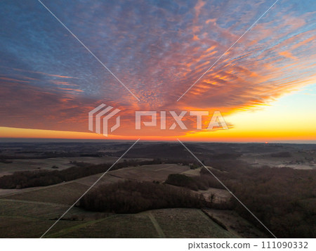 Aerial view of Bordeaux vineyard in winter at sunrise, Rions, Gironde, France 111090332