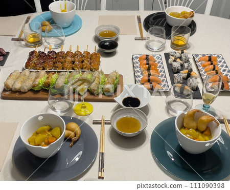 Japanese sushi food, Maki ands rolls with tuna, salmon, shrimp, crab and avocado 111090398