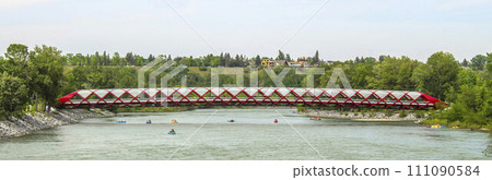 Calgary, Alberta, Canada. Jun 10, 2023. Peace Bridge a bridge that accommodates people walking and cycling across the Bow River in Calgary 111090584