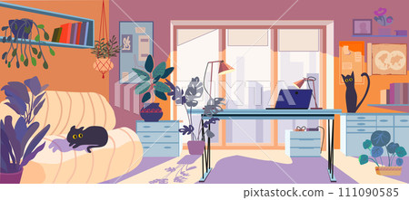 Freelancers workplace. Table with laptop. Interior with pets and white sofa. Cats in a bright room on a wooden floor. Books and indoor plants. Vector illustration 111090585