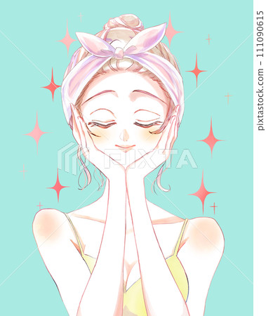 A woman with a bun wearing a hairband, eyes closed, hands on her face, washing her face 111090615