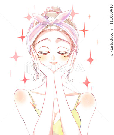 A woman with a bun wearing a hairband, eyes closed, hands on her face, washing her face 111090616