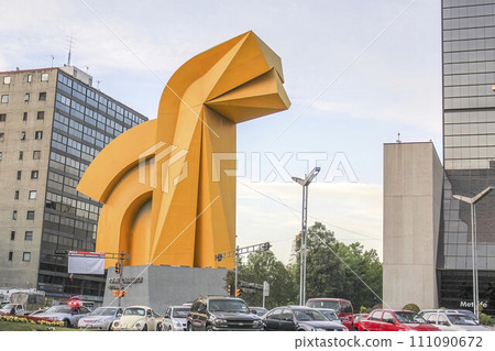 Mexico City, Mexico. Jan 11, 2024. Sculpture in front of the Torre del Caballito in Mexico City. an outdoor steel sculpture by Sebastian Enrique Carbajal, depicting a horse's head. Mexico City, Mexico. Jan 11, 2024. Sculpture in front of the Torre del Caballito in Mexico City. an outdoor steel sculpture by Sebastian Enrique Carbajal, depicting a horse's head. 111090672