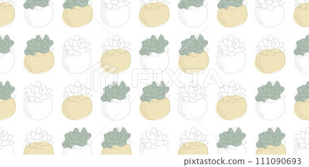 Succulent Seamless pattern Vector Line art illustration with Spots. Cute Plant in Flower pot. Mexican house Botany. Natural fun home decor element. Template for Textile, Fabric, Wrapping paper. 111090693