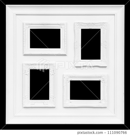 Multi picture frame set with blank space isolated on black background. Template mockup Multi picture frame set with blank space isolated on black background. Template mockup 111090766