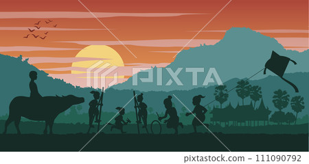 Silhouette scenery of country play of childrenof asean 111090792