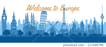 Europe famous landmarks by silhouette style with white and blue color Europe famous landmarks by silhouette style with white and blue color 111090796
