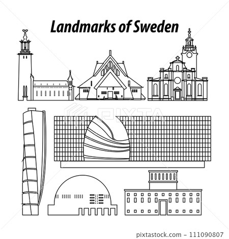 set of Sweden famous landmarks bysilhouette outline style 111090807