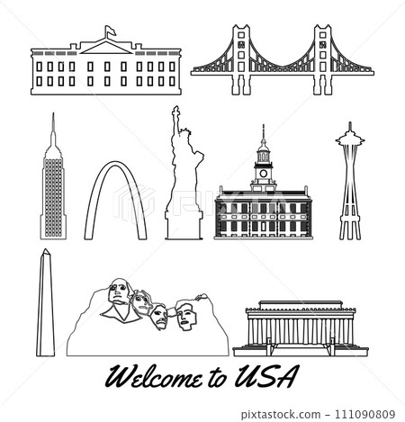 set of usa famous landmarks by silhouette outline style set of usa famous landmarks by silhouette outline style 111090809