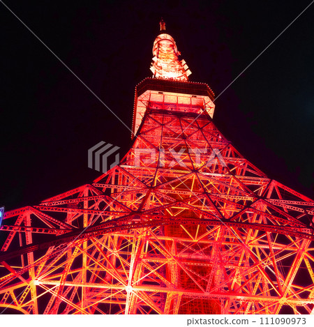Tokyo, Japan. Apr 13, 2014. A ground-up perspective of The Tokyo Tower a communications and observation tower. Tokyo, Japan. Apr 13, 2014. A ground-up perspective of The Tokyo Tower a communications and observation tower. 111090973