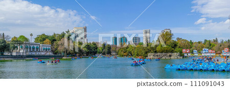 Mexico City, Mexico. Jan 14, 2024. A panoramic view of the Chapultepec lake, overlooking the lake towards Polanco. Mexico City, Mexico. Jan 14, 2024. A panoramic view of the Chapultepec lake, overlooking the lake towards Polanco. 111091043