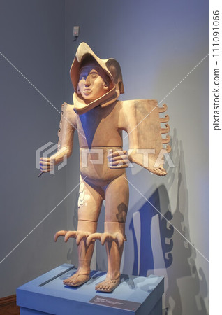 Mexico City, Mexico. Jan 11, 2024. Large ceramic statue of an Aztec eagle warrior exhibited at the National Museum of Anthropology. 111091066