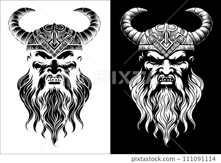 Viking Warrior Man Strong Mascot Face in Helmet Viking Warrior Man Strong Mascot Face in Helmet 111091114