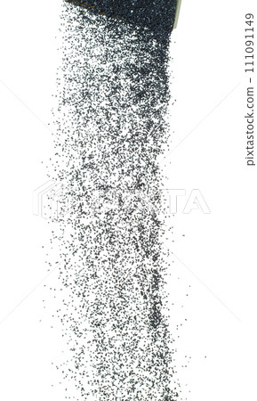 Silicon Carbide wind blow spin swirl around. Black Silicon Carbide tornado explosion fly in mid air. Fine particle circle around, White background Isolated throwing particle element object 111091149