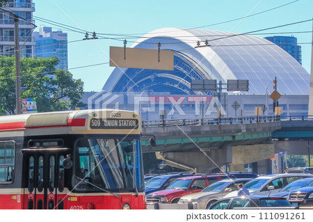 Toronto, Ontario, Canada. Aug 10, 2011. An up-close view of a streetcar subway en route to Union Station in downtown Toronto, situated in close proximity to the Rogers Centre. 111091261