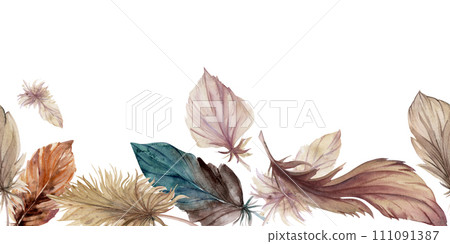 Hand drawn watercolor illustration bird feather plume quill boho tribal ethnic indian nature. Seamless banner isolated on white background. Design charm, dreamcatcher, scrapbooking, handmade, tattoo 111091387