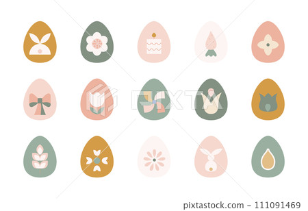 Abstract geometric easter egg icons. Pastel color minimalistic easter illustrations with cute bunny, flower, candle, carrot shapes. Abstract geometric easter egg icons. Pastel color minimalistic easter illustrations with cute bunny, flower, candle, carrot shapes. 111091469
