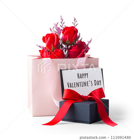 Happy valentines day card on black gift box and rose in paper bag isolated on white background Happy valentines day card on black gift box and rose in paper bag isolated on white background 111091480