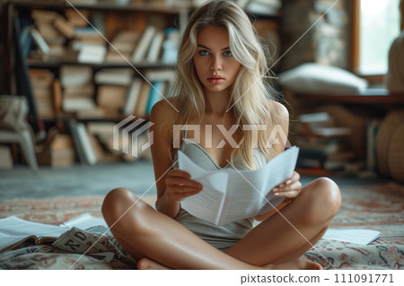 Young female student girl is preparing for exams by reading a textbook 111091771