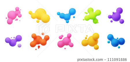 Colorful 3D morphing balls. Liquid blobs like lava lamp. Fluid 3D metaballs. Bright vector illustration for cards, posters, advertising, flyers. Isolated on white background 111091886