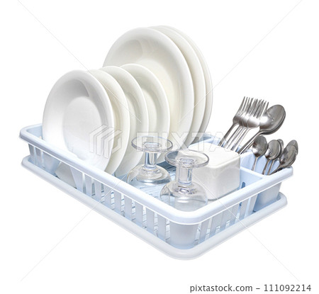 Dish drainer with clean dinnerware Dish drainer with clean dinnerware 111092214