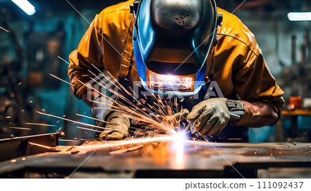 Mechanic or welder welds metal materials together by hand using a welding machine according to a design plan -ai generated 111092437