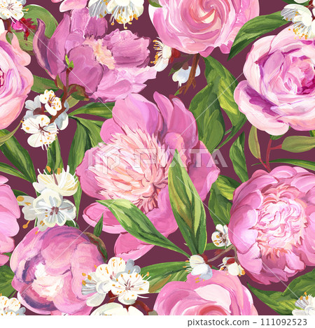 Botanical seamless pattern with peonies and sakura branches drawn in gouache 111092523