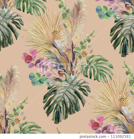 Seamless watercolor botanical pattern with a dry bouquet of palm and monstera leaves on a beige background Seamless watercolor botanical pattern with a dry bouquet of palm and monstera leaves on a beige background 111092581
