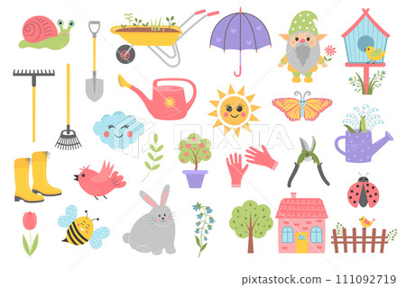 Gardening and spring set. Cute cartoon springtime items. Cartoon flat vector illustration. 111092719