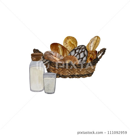 Basket bread milk bakery set watercolor sketch 111092959