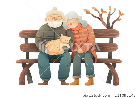Senior couple relaxing on a bench (2D) 111093143