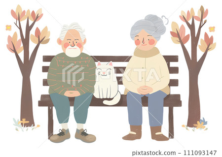 Senior couple relaxing on a bench (2D) 111093147
